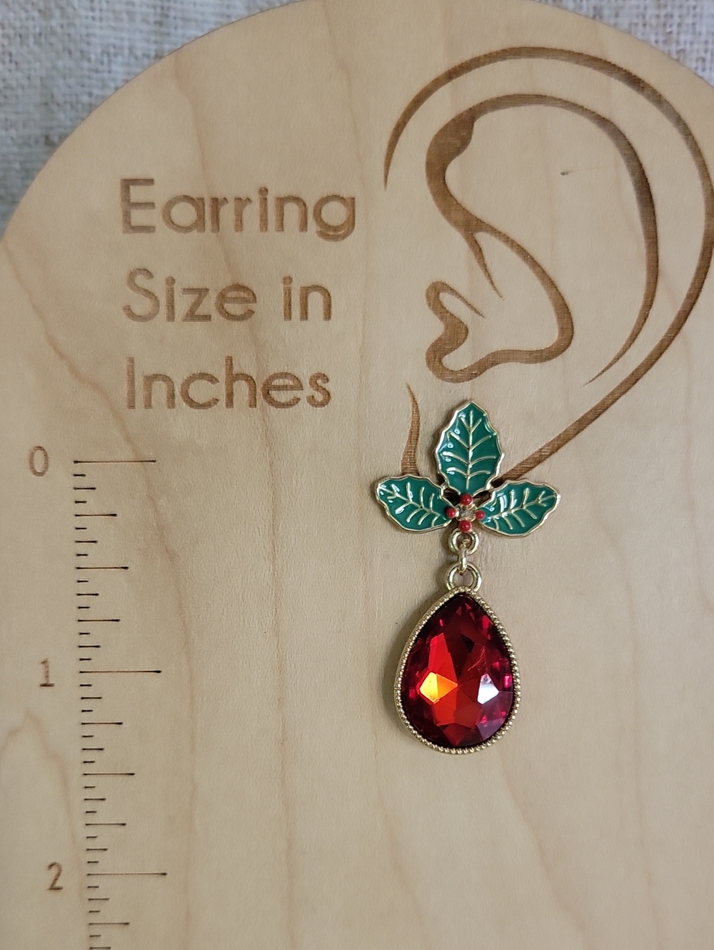 Vintage Holiday Green Holly Leaf and Red Sparkle Teardrop Drop Earrings - Picture 5 of 7